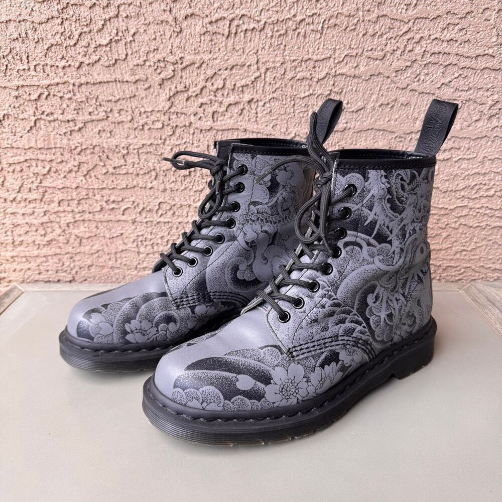 Dr Martens 1460 OT Tattoo Boots Gunmetal Gray Japanese Dragon Womens 8 Lace Up